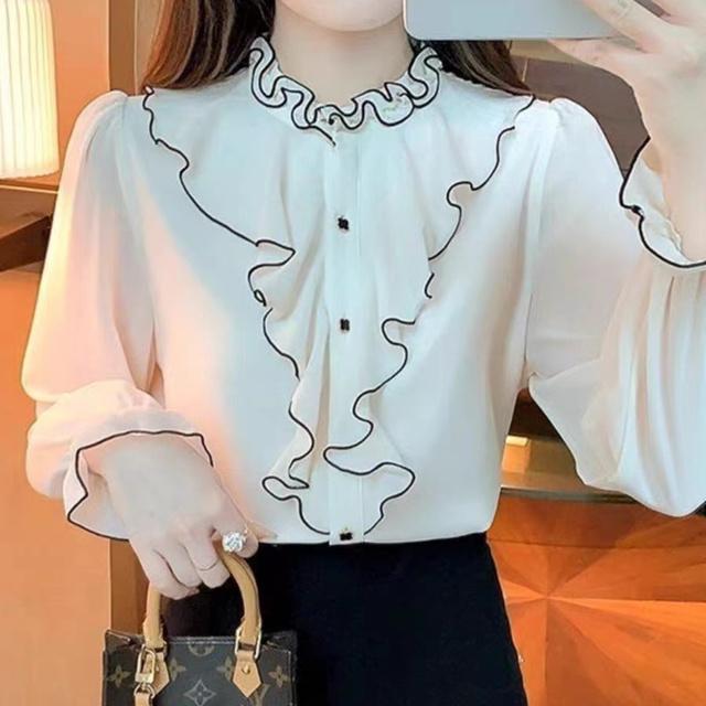 Fashion Flare Sleeve Chiffon Blouse New White Shirt Spring Autumn Ruffle Edge Long Sleeve Bottoming Shirt M-2XL
