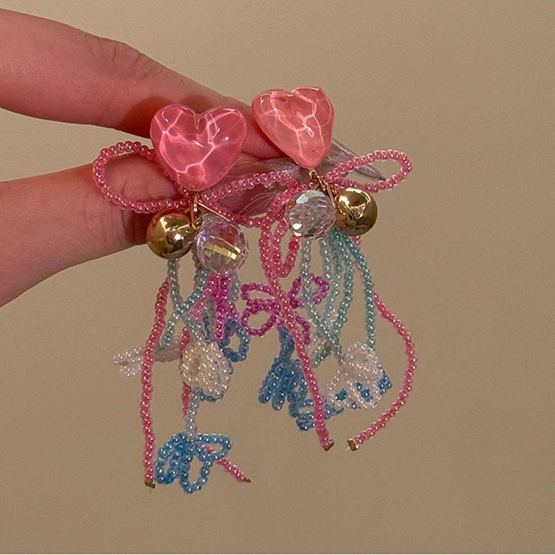 Resin glass rice bead bow fringed earrings fashion super fairy stud earrings light luxury high-end earrings