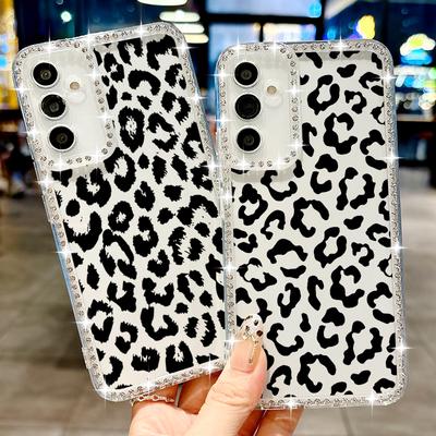 Samsung S25 Edge S24 FE S23 Ultra A56 A36 A16 A15 A55 İçin Leopar Desenli Simli Şeffaf Kılıf Elmas Çerçeveli Yumuşak Silikon Darbeye Dayanıklı Telefon Kapağı