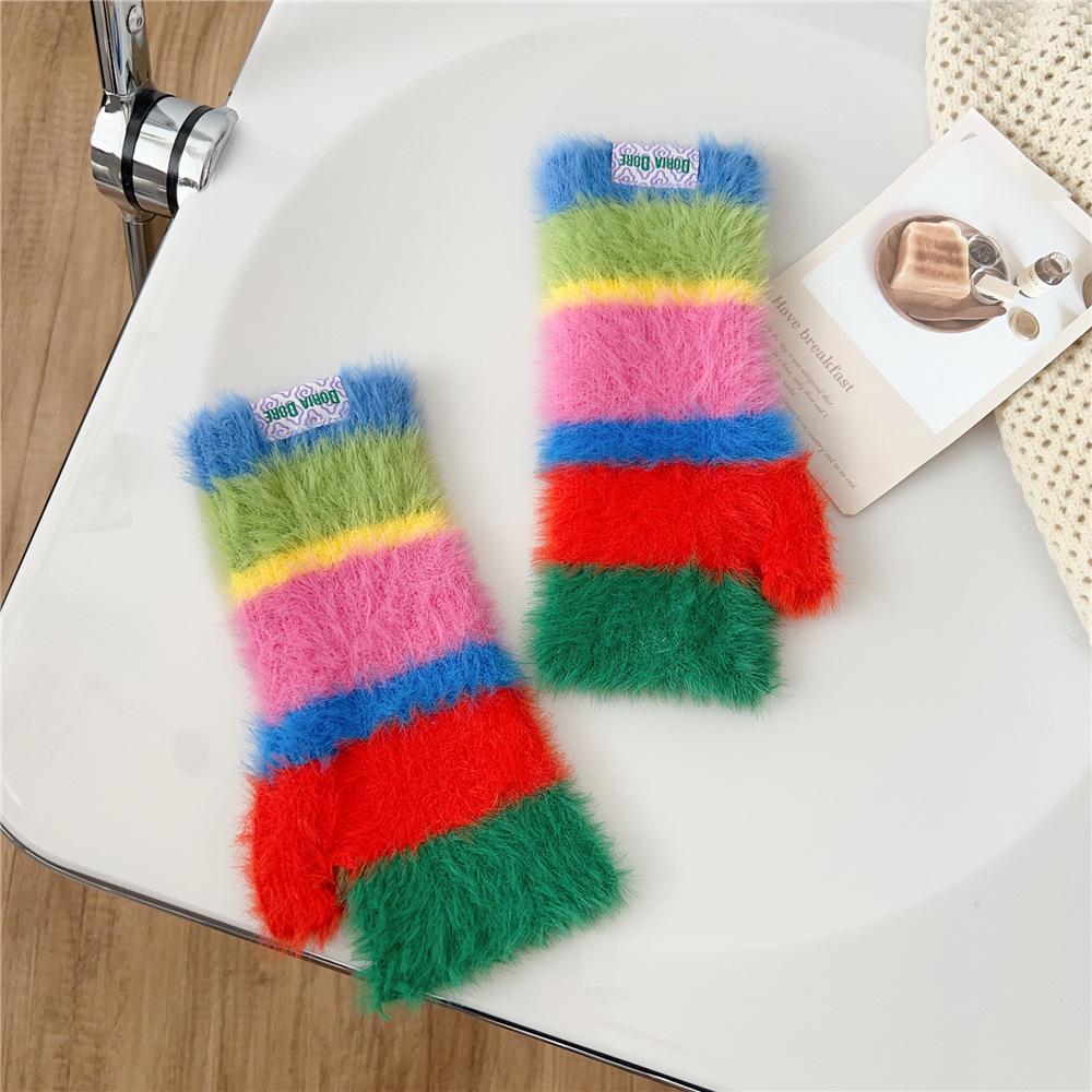 Women's Colorful Striped Wool & Velvet Fingerless Typing Gloves - Warm, Wrist Protective, Ideal for Students & Outdoor Activities