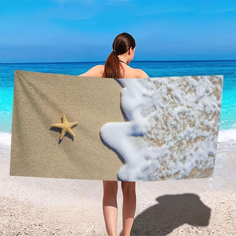 Summer Starfish Waves Pattern Beach Towel, Rectangular Quick Dry Absorbent for Beach Camping Outdoor Travel Vacation Fun