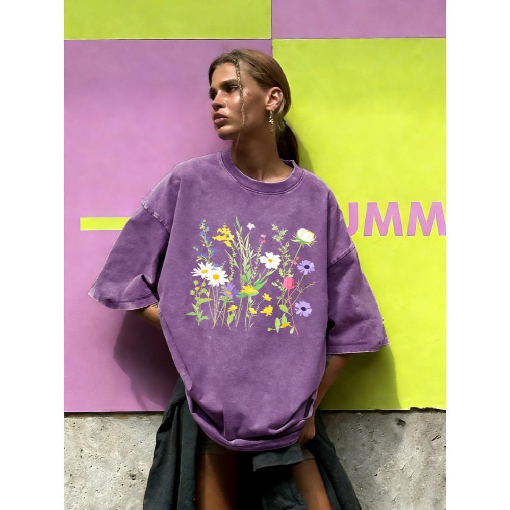 Various Flowers And Green Leaves Design Washed T-Shirt Women Cotton Vintage Short Sleeves Sportswear Summer T Shirt