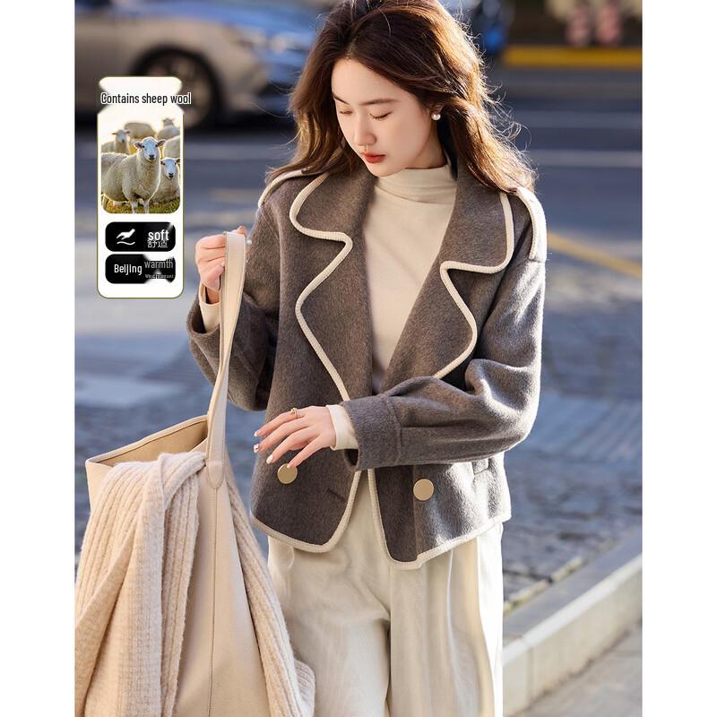 

Demana Women s Winter Retro Double-breasted Lapel Wool Blend Short Coat L