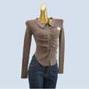 Pure Desire Style Polo Collar Long Sleeves Knitwear U-Shaped Women's Autumn New Arrival Waist-Tight Slim Looking Design Blouse Women