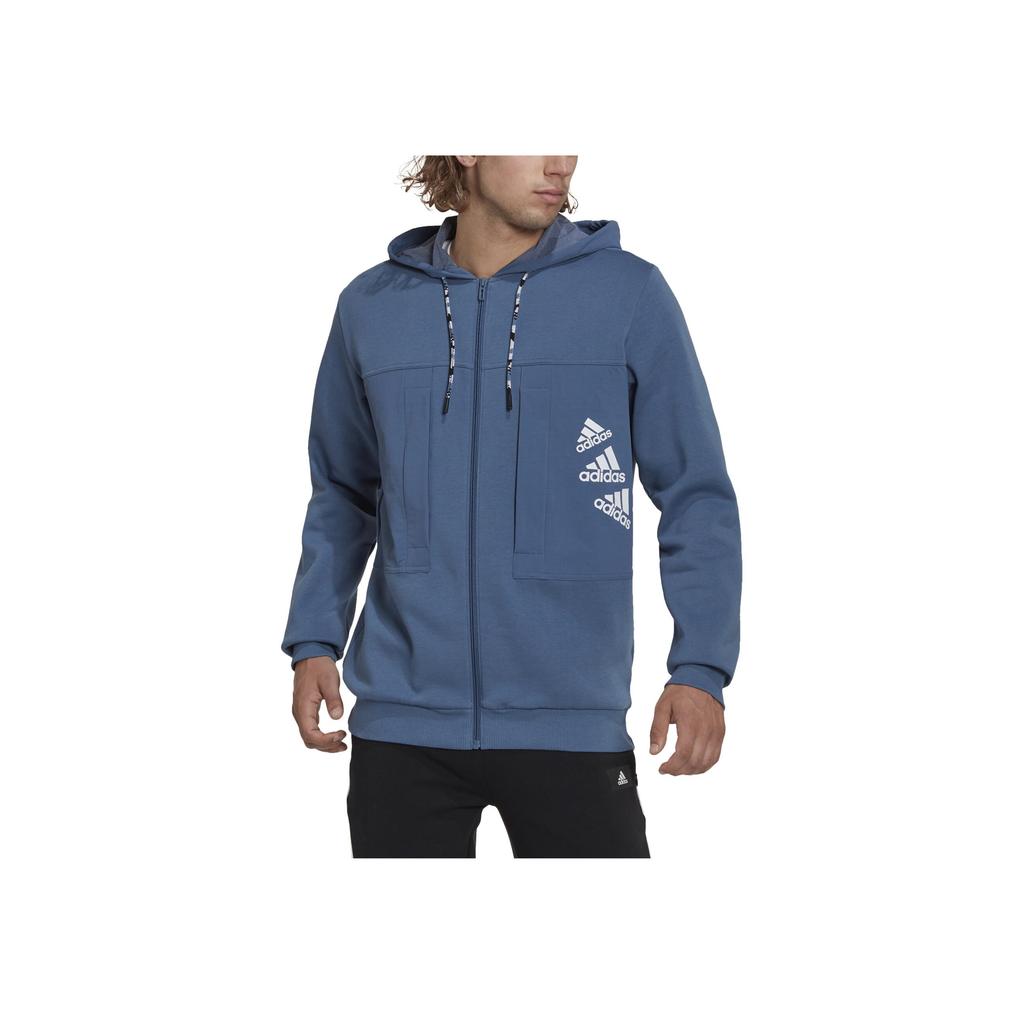 Adidas Spliced Design Brand Logo Print Fleece-Lined Hooded Jacket Men Outerwear Blue HL9379