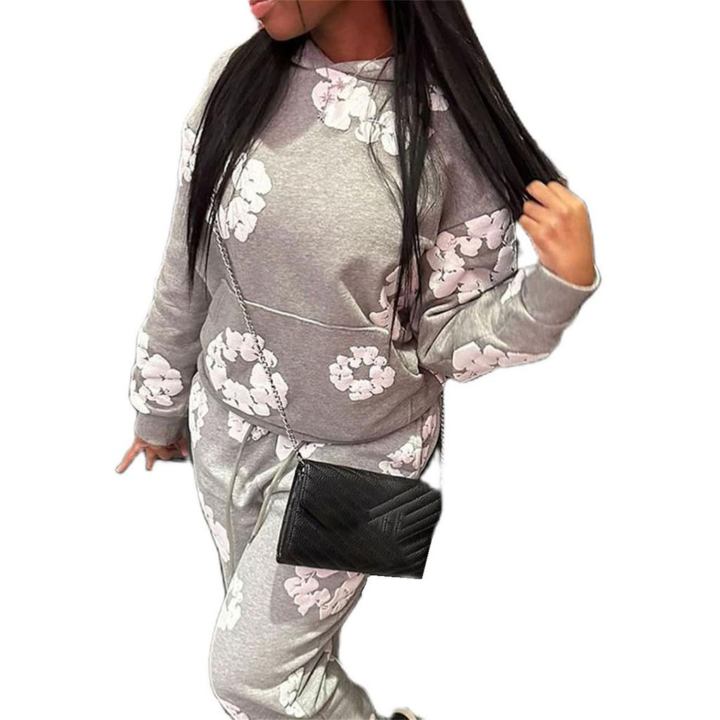 Women Men 2 Piece Tracksuits Floral Print Hoodie Sweatshirt and Elastic Pants for Activewear Workout Outfits Set