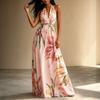 Summer Printing Neck Long Dress Backless Vacation Style Elegant Pendulum Lace-up Dress