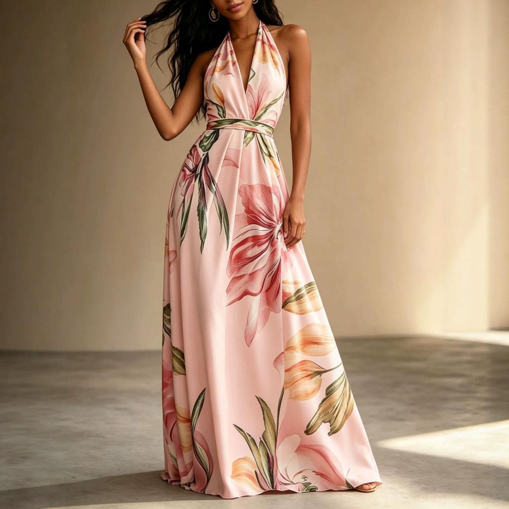 Summer Printing Neck Long Dress Backless Vacation Style Elegant Pendulum Lace-up Dress
