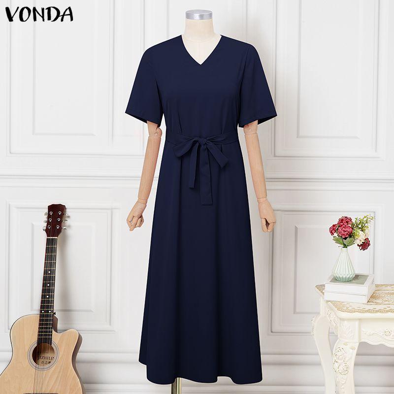 VONDA Summer Women Short Sleeve V Neck Solid Bandage Casual Long Maix Dress