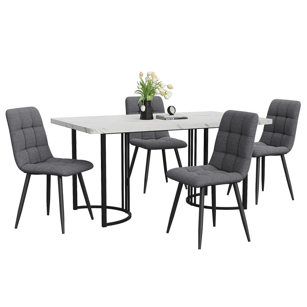 Dining Set (5-piece), Dining Table with 4 Chairs, 140×80cm Kitchen Table with Black Metal Legs, MDF Table Top in White, Dark Grey Linen Dining Chairs