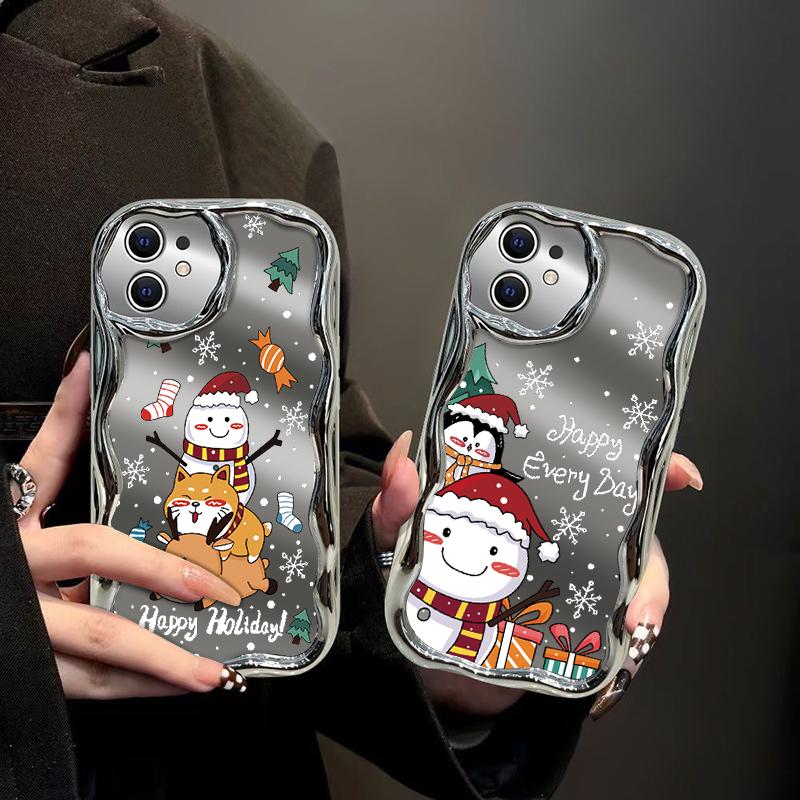 Roztomilý Merry Christmas Pattern Mirrror Shockproof Phone Case pro iPhone 15 Pro Max 14 13 Pro 12 11 Wave Frame Ochrana čočky Lesklé pokovování měkký kryt