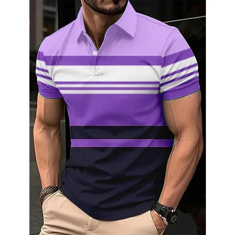 Men's Clothing Striped Polo T-shirt, Summer Short Sleeved 3D Printed