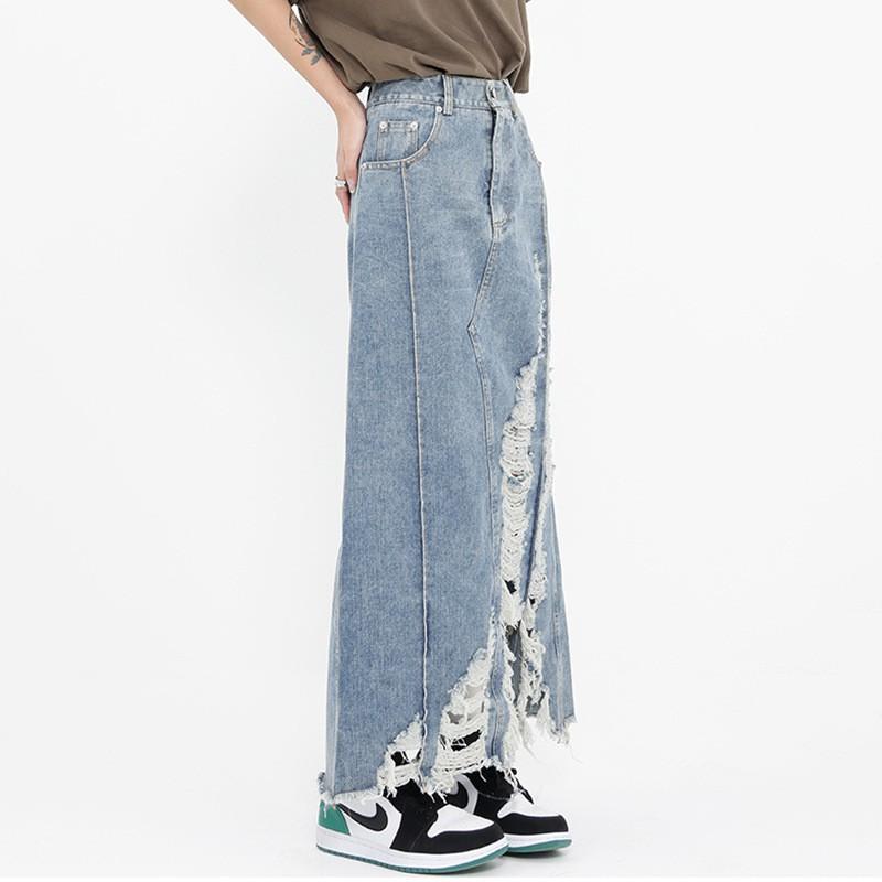 Womens Vintage Denim Midi Skirt With Raw Hem Distressed Detail Boho Street Style Cotton Blend Long
