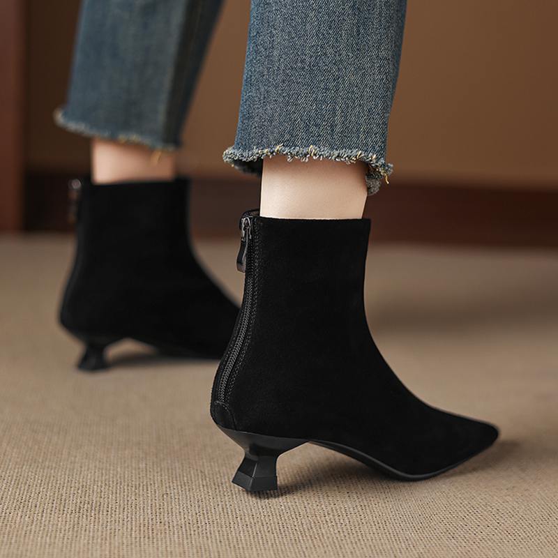 Krazing Pot Cow Suede Nubuck Winter Pointed Toe Preppy Style Stiletto Thin Med Heels Women Zip Women Ankle Boots