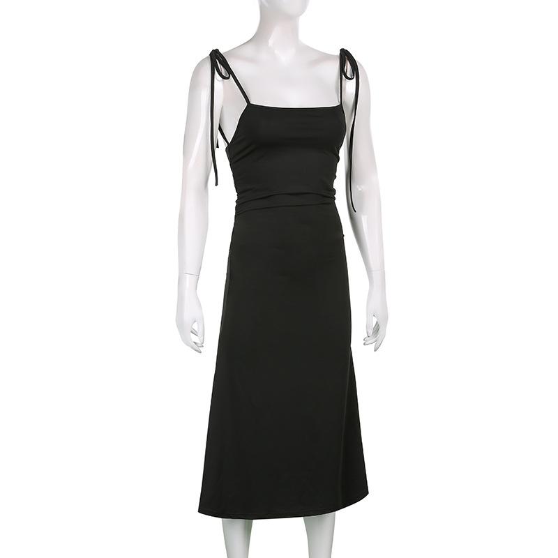 Black Camisole Skirt, Women's Side Waist Small Pleated Waist Tied Slim Dress