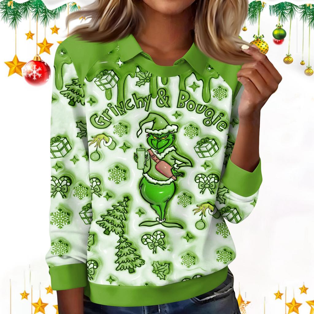 Damenmode Weihnachts-Print Revers Langarm Lässiges Rundhals-T-Shirt Top