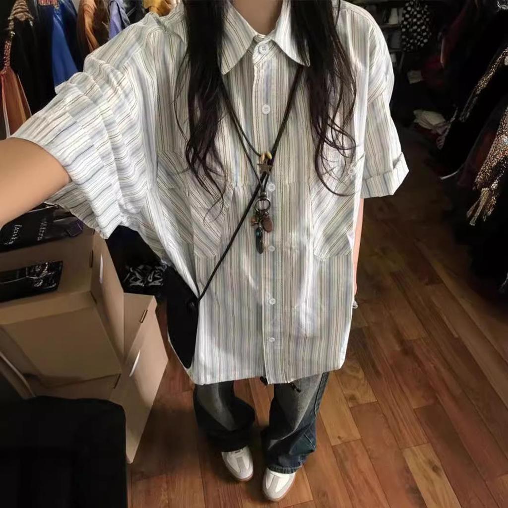 Summer 2024 Women's Niche Design Blue Striped Retro Short-Sleeve Shirt