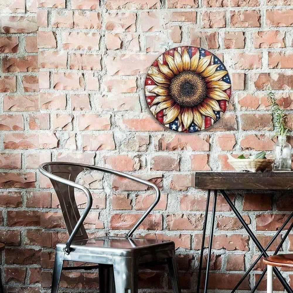 American Flag Sunflower Metal Wall Art, Rustic Round Aluminum Sign for Home Decor