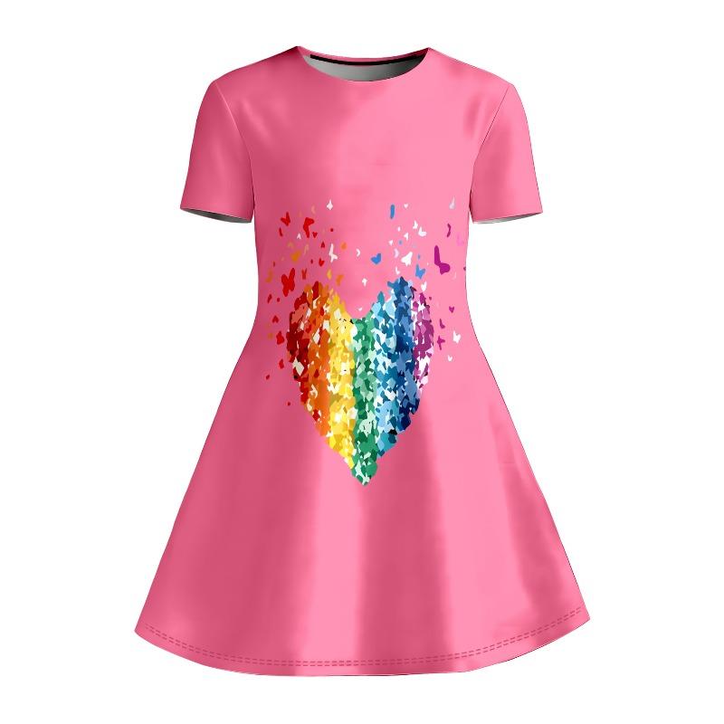 Pink Rainbow Heart-shaped Printed Dress Short Sleeved Casual A-line Children's Swing Dress Suitable for Birthdays and Parties