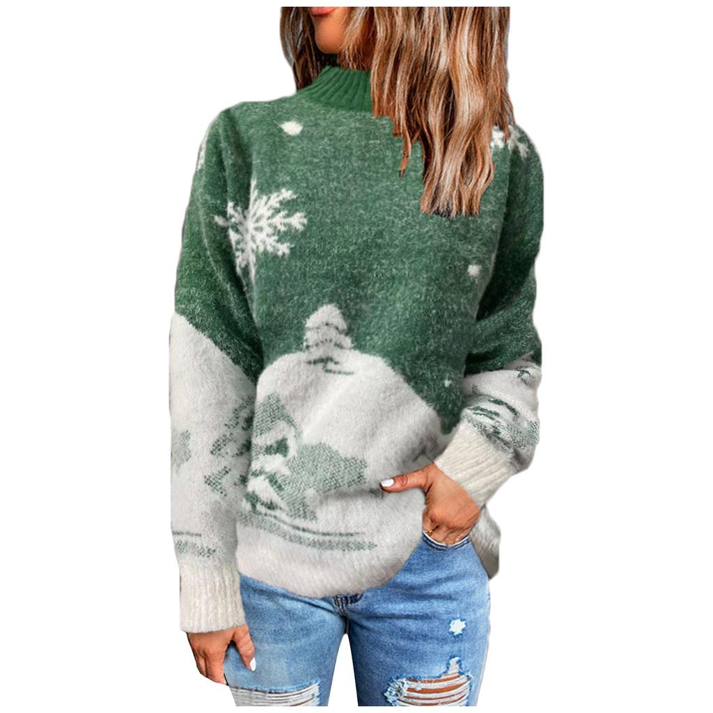 Women's Casual Turtleneck Knitted Long Sleeve Pullover Sweater Knitted Top Christmas