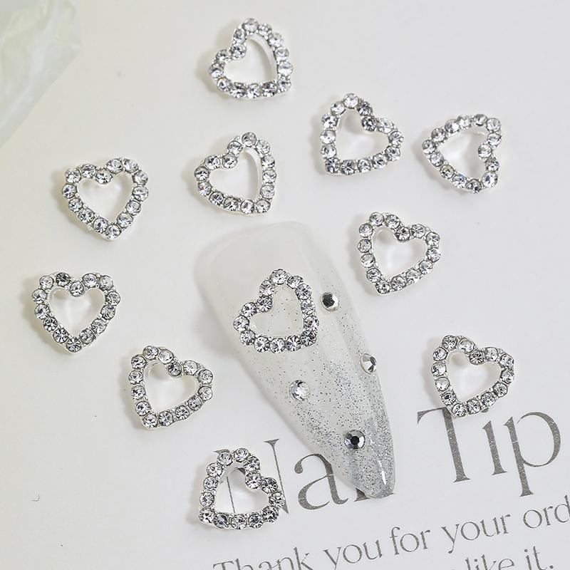10pcs Silver Diamond Heart Shape Nail Art Charms 3D Nail Alloy Hollow-Out Crystal DIY Manicure Art Decoration Accessories
