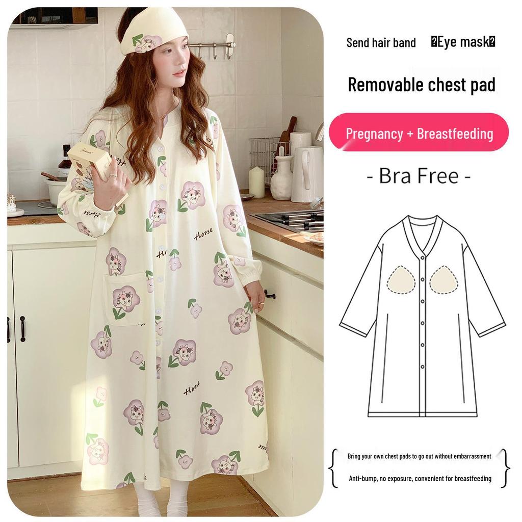 Plus Size Maternity Nightgown with Breast Pads for Postpartum, Spring, Summer, Autumn; Comfortable Labor Dress for Pregnant Women