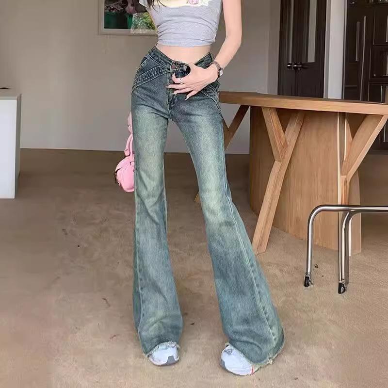 Distressed Retro High-Waisted Micro-Flare Jeans for Women - Spring/Summer, American Style, Raw Hem, Slim Fit, Long Pants L