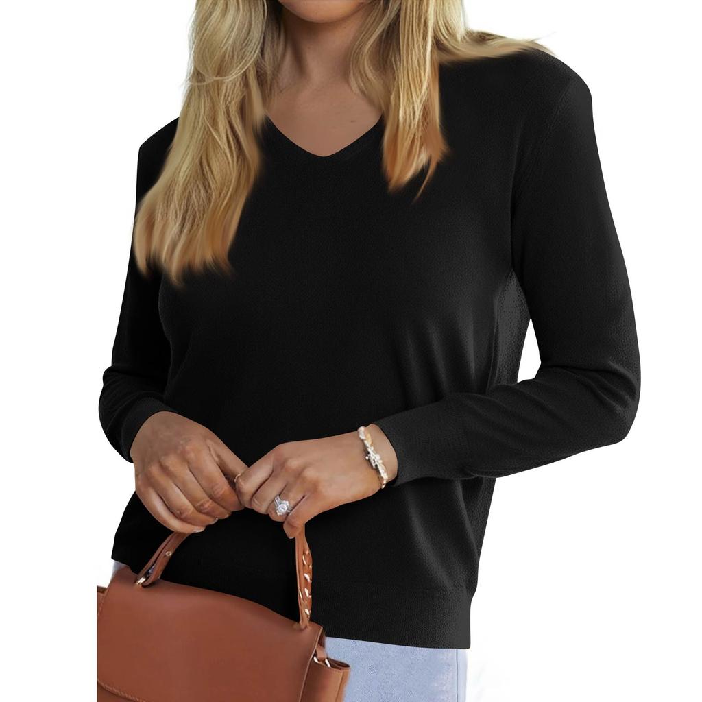 Women's Fashionable Casual V Neck Solid Color Long Sleeve Top