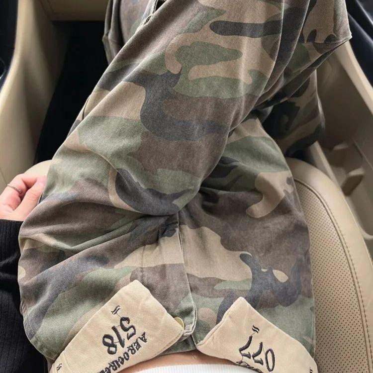 Pantalon de travail en jean denim vintage pour femme, pantalon droit à rabat, jambes larges