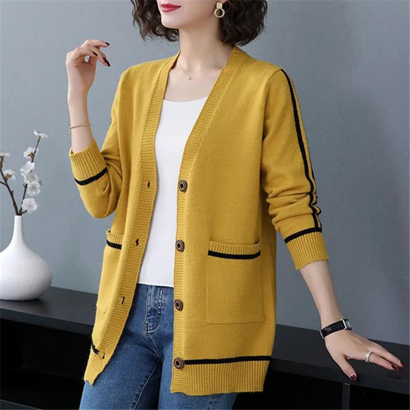 Women's Spring Autumn Outwear Cardigan Mid Length Loose Knitted Sweater Coat Knitwears Jacket
