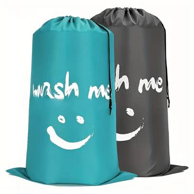 Large Waterproof Smiley Print Laundry Bag - Oxford Cloth, Drawstring Closure for Travel