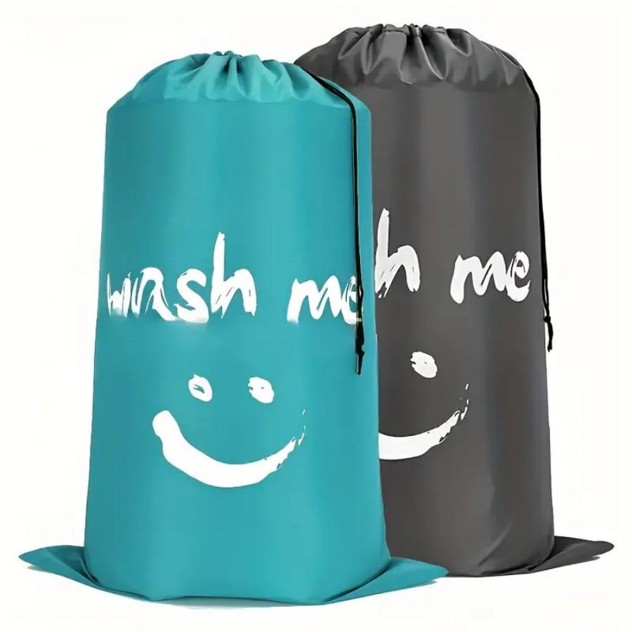 Large Waterproof Smiley Print Laundry Bag - Oxford Cloth, Drawstring Closure for Travel