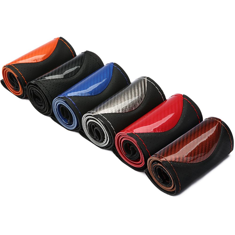 38cm Car Steering Wheel Cover Hand Sewing DIY Black PU Leather+Carbon Fiber Look