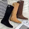 Fashion Winter Fashion Mid-Calf Boots Women Cow Suede Metal Buckle Decoration Vintage Western Knight Boots Female Handmade