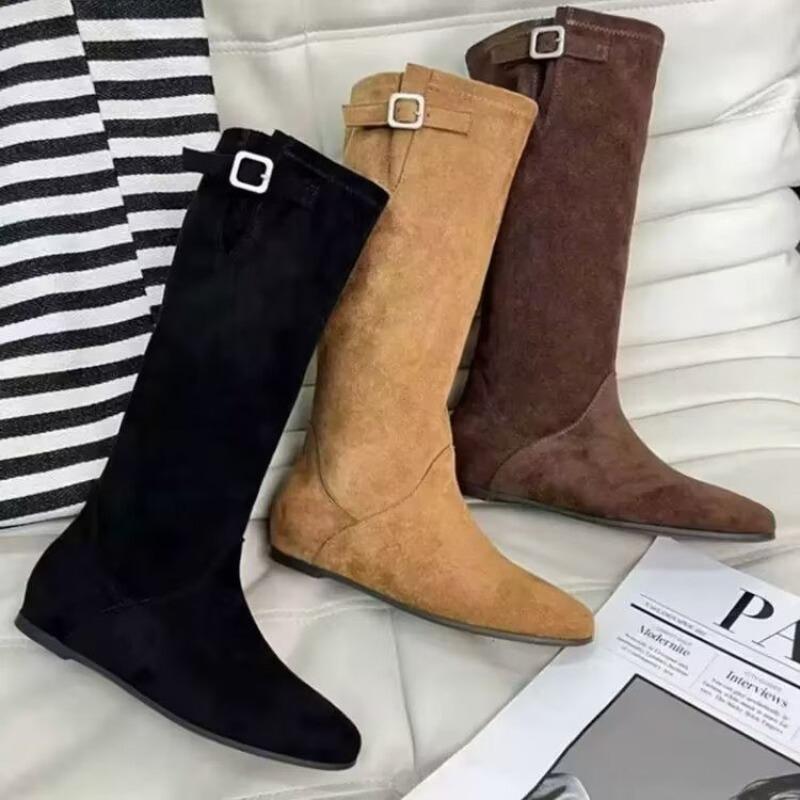 Winter Mid-Calf Boots Women Cow Suede Metal Buckle Decoration Vintage Western Knight Boots Female Handmade