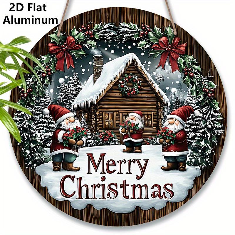 

2D Flat Aluminium Merry Christmas Sign with Adorable Gnomes Pattern - Christmas Figurine Ornaments - Ideal for Front Door, Wall, Porch, Window Decor 7.87×7.87inch