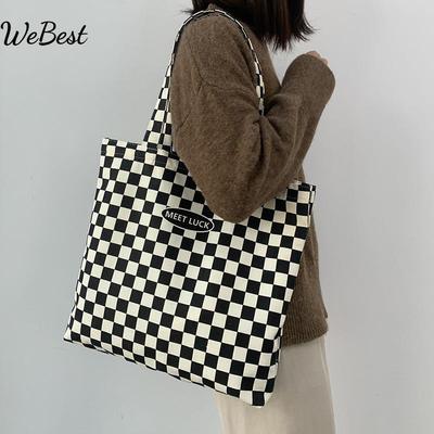 Checkered Shopping Bag with Zipper, Canvas Tote Bag