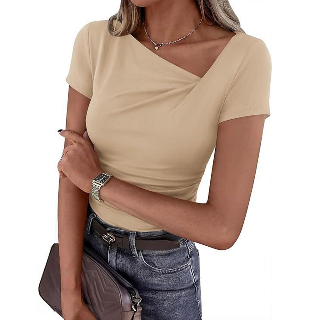 Women's Short-sleeved Asymmetric Collar Pleated Decorative Fitted Blouse Casual T-shirt Top
