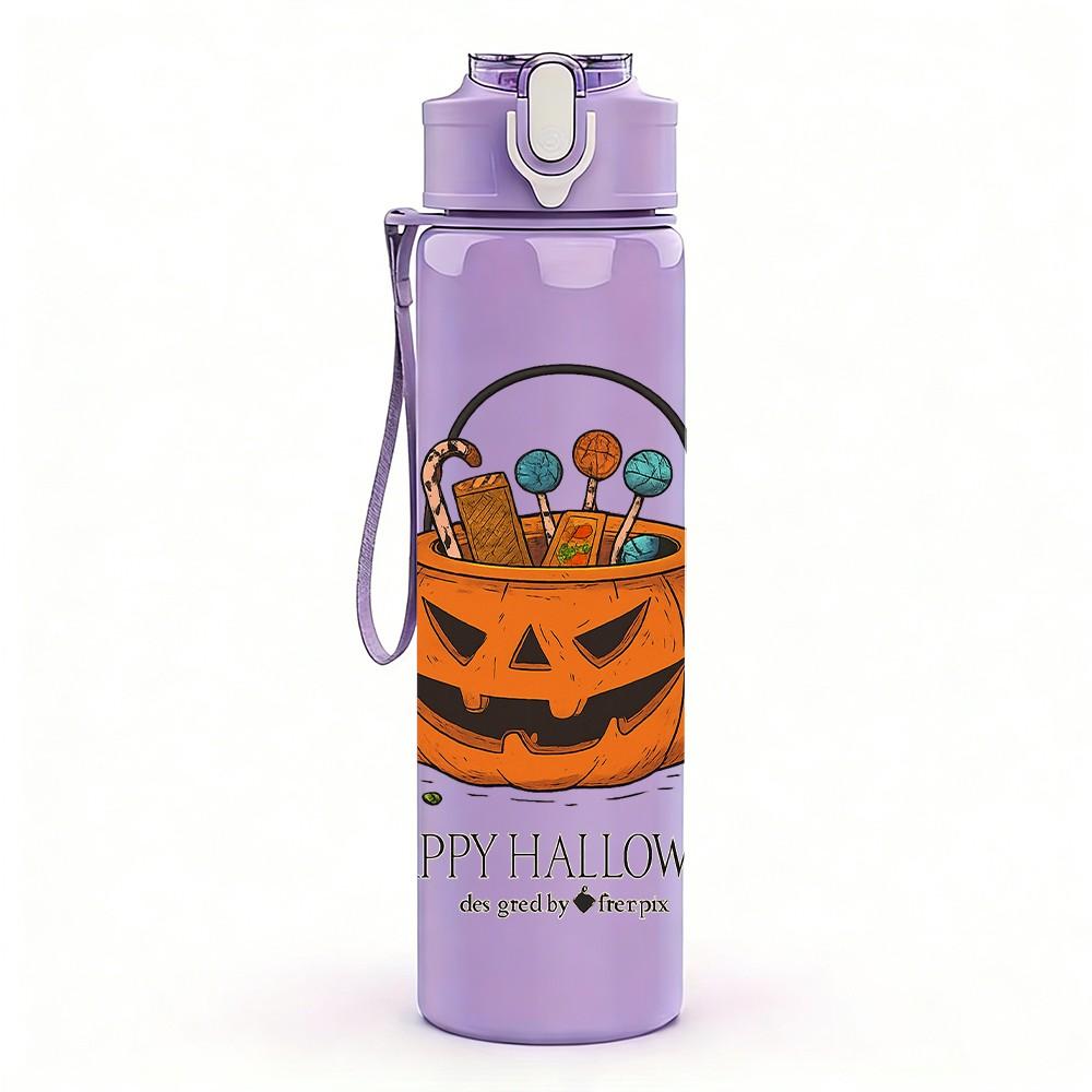 1PC Happy Halloween Pumpkin Bucket 750ml Color Plastic Sports Water Bottle Leakproof Flip Straw Lid Suitable for Sports Office Home Use