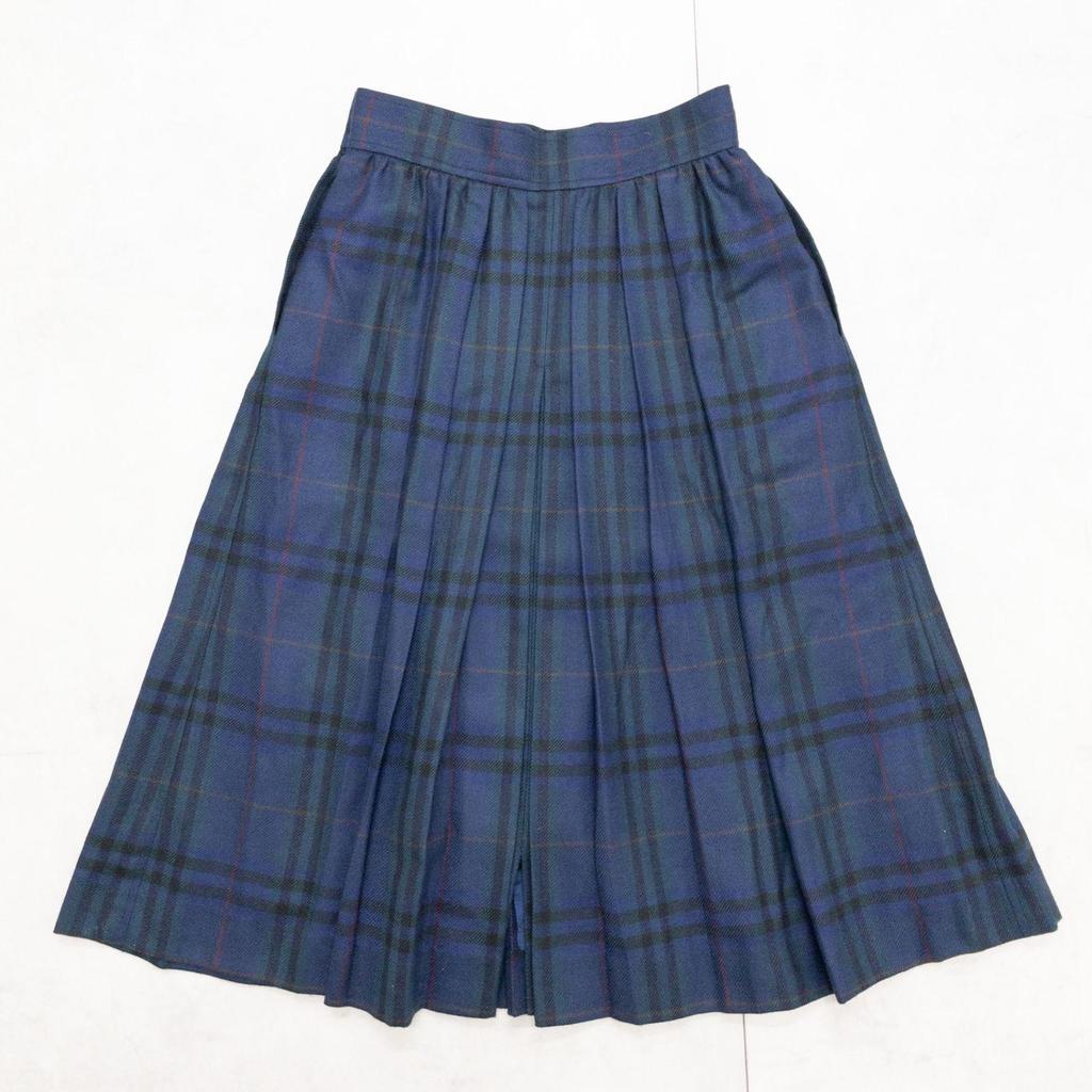 Used YVES SAINT LAURENT Pleated Skirt Blackwatch Check Wool Navy Women's M b00927