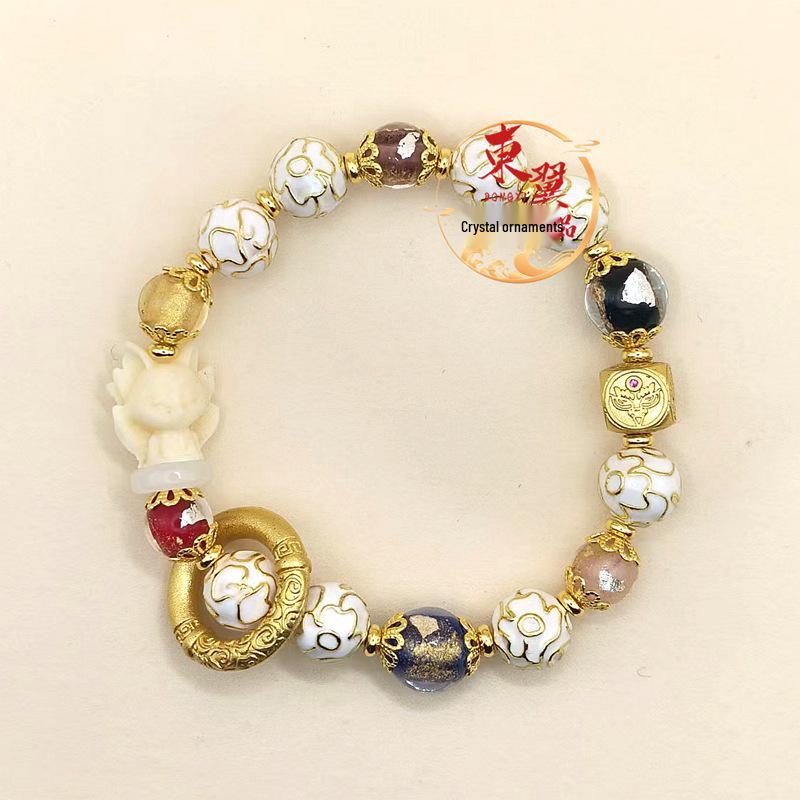 Pink Cloisonné Nine-tailed Fox Bracelet with Gold Leaf and Enamel Beads