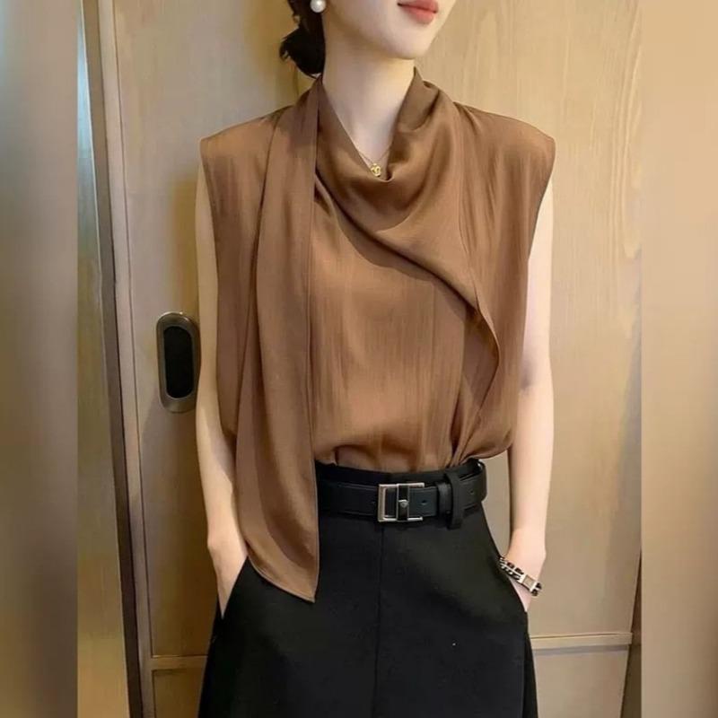 Korean Style Commute Brown High Collar Sleeveless Casual Women Shirt S