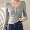 Women's High-elastic Threaded Shoulder Buttons for Autumn and Winter Pure Lust Style Long-sleeved Slim Base Shirt