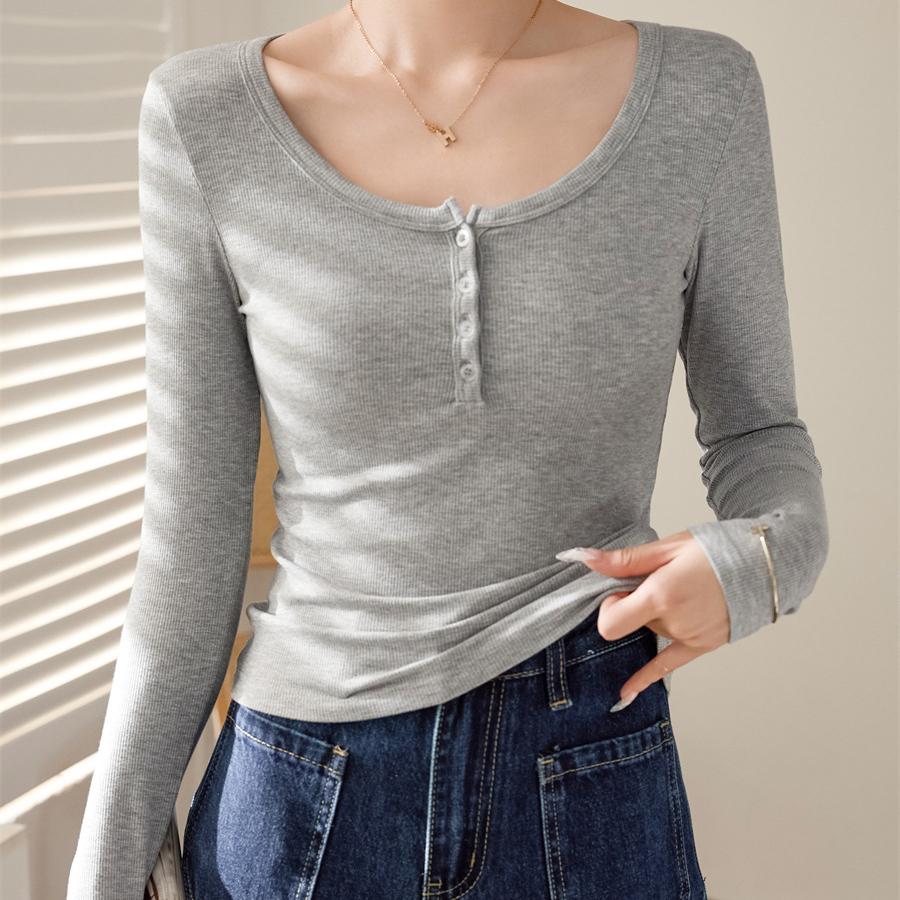 Women's High-elastic Threaded Shoulder Buttons for Autumn and Winter Pure Lust Style Long-sleeved Slim Base Shirt