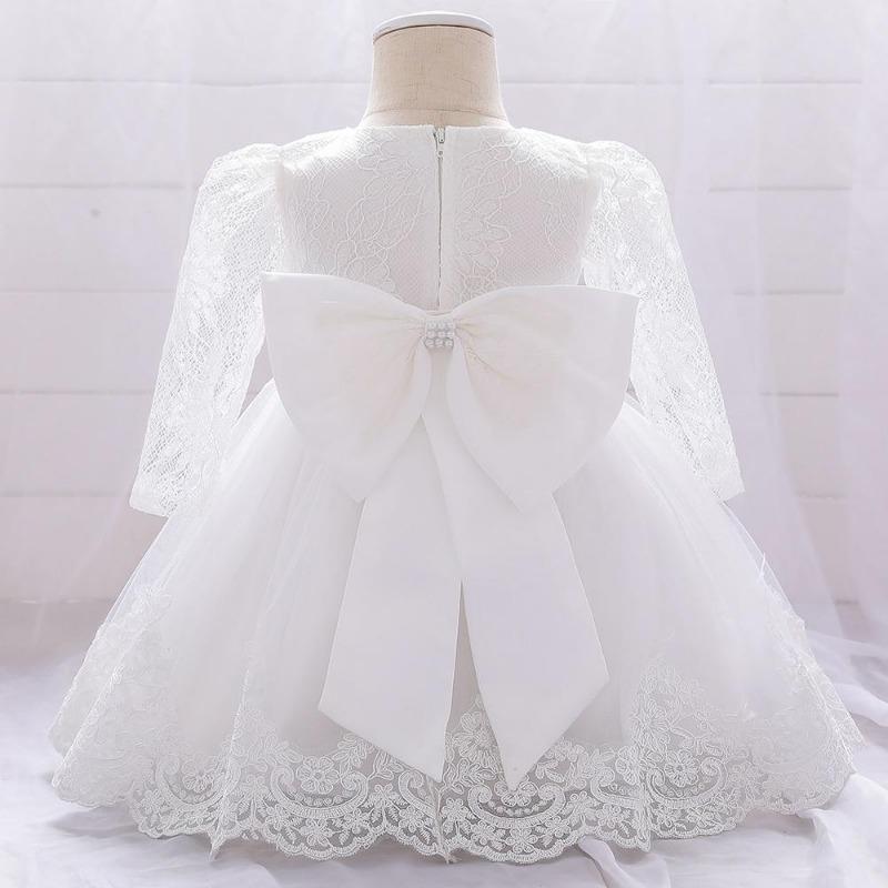 Vestidos para meninas, vestidos de festa e casamento para meninas recém-nascidas, manga comprida, vestidos de renda com laço grande, vestido de princesa para primeiro aniversário de menina