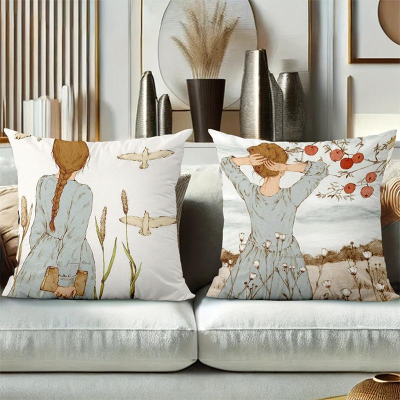 Girls Reading and With Birds Printed Decorative Cushions Polyester pillowcase, sofa decorative cushion cov Headboard Pillow