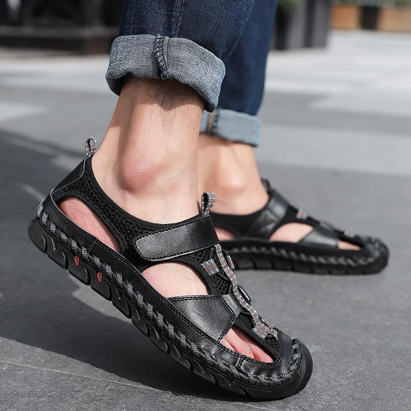 Black Summer Leather Sandals Men Big Size 48 Breathable Beach Shoes Man Outdoor Non-slip Men's Sports Sandals Sandalias Hombre