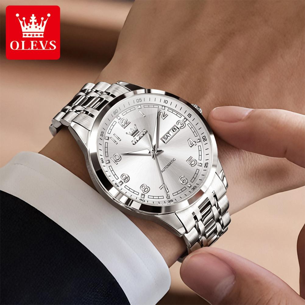 OLEVS Man Watch Luxury Automatic Mechanical Wristwatches Original Stainless Steel Waterproof Luminous Date Week Hand Clock 7077