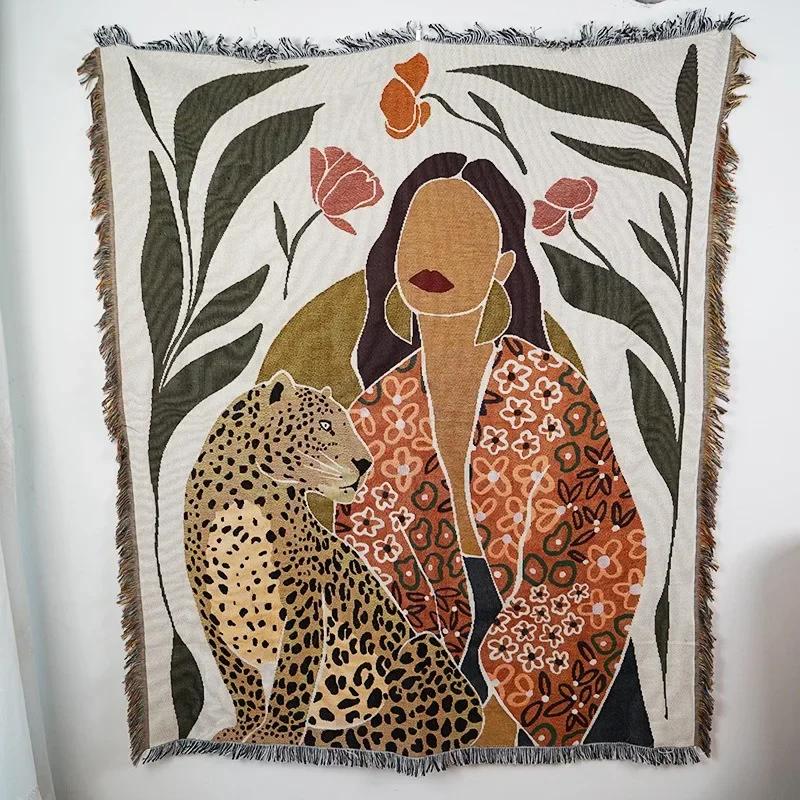 Yiran Bag Unisex Nordic Illustration Tapestry, Thread Blanket, Sofa Throw, American Vintage Leisure Rug, Camping Blanket, & Nap Cover