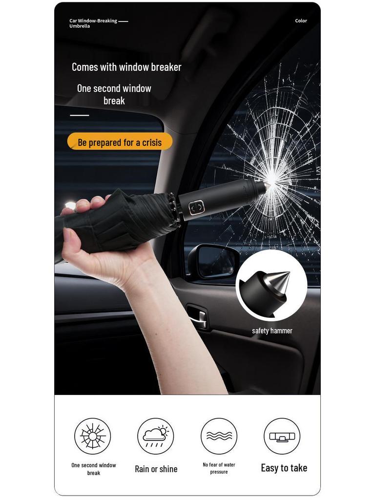 Automatic Folding Umbrella: Men's Sun & Rain Shield with Safety Window Breaker